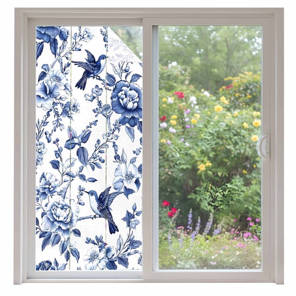 White Blue Spring Floral Privacy Window Film, Decorative Frosted Glass Window Film, Summer Botanical Hummingbird Reusable Peel and Stick Static Cling for Home Bathroom Office Glass Door 35.4"x78.7"