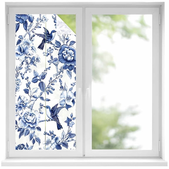 White Blue Spring Floral Privacy Window Film, Decorative Frosted Glass Window Film, Summer Botanical Hummingbird Reusable Peel and Stick Static Cling for Home Bathroom Office Glass Door 17.7"x39.3"