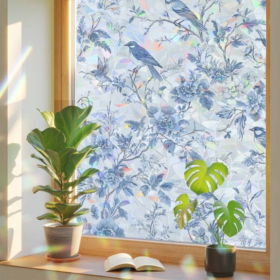 White Blue Spring Floral Privacy Window Film, Decorative Stained Glass Window Film, Summer Birds Botanical Resuable Rainbow Static Cling for Home Bathroom Living Room Glass Door 17.7"x39.3"