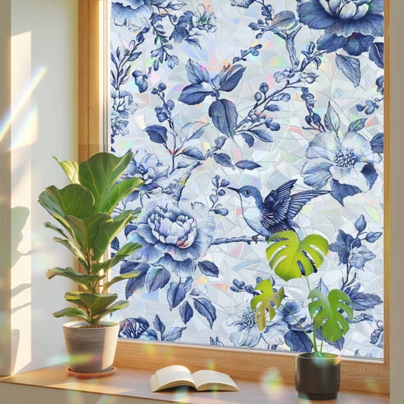 White Blue Spring Floral Privacy Window Film, Decorative Stained Glass Window Film, Summer Botanical Hummingbird Resuable Rainbow Static Cling for Home Bathroom Living Room Glass Door 17.7"x39.3"