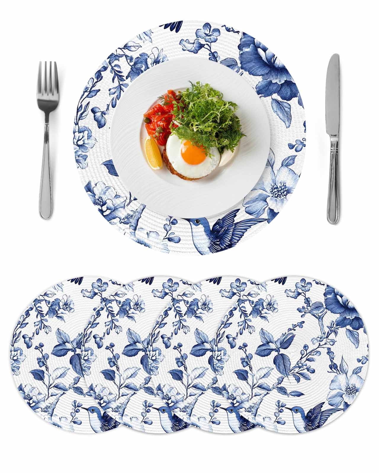 White Blue Spring Floral Round 13 Inch Placemats Set of 4, Summer Botanical Hummingbird HeatResistant Non Slip Place Mats for Dining Table, Wipeable Braided Kitchen Table Mats for Housewarming