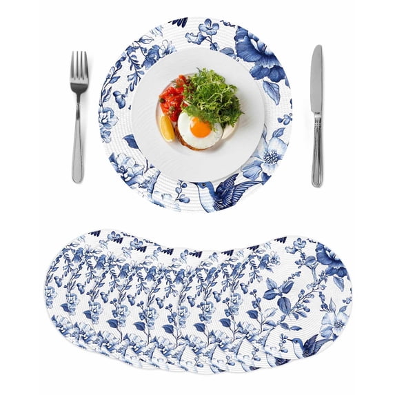 White Blue Spring Floral Round 13 Inch Placemats Set of 8, Summer Botanical Hummingbird HeatResistant Non Slip Place Mats for Dining Table, Wipeable Braided Kitchen Table Mats for Housewarming