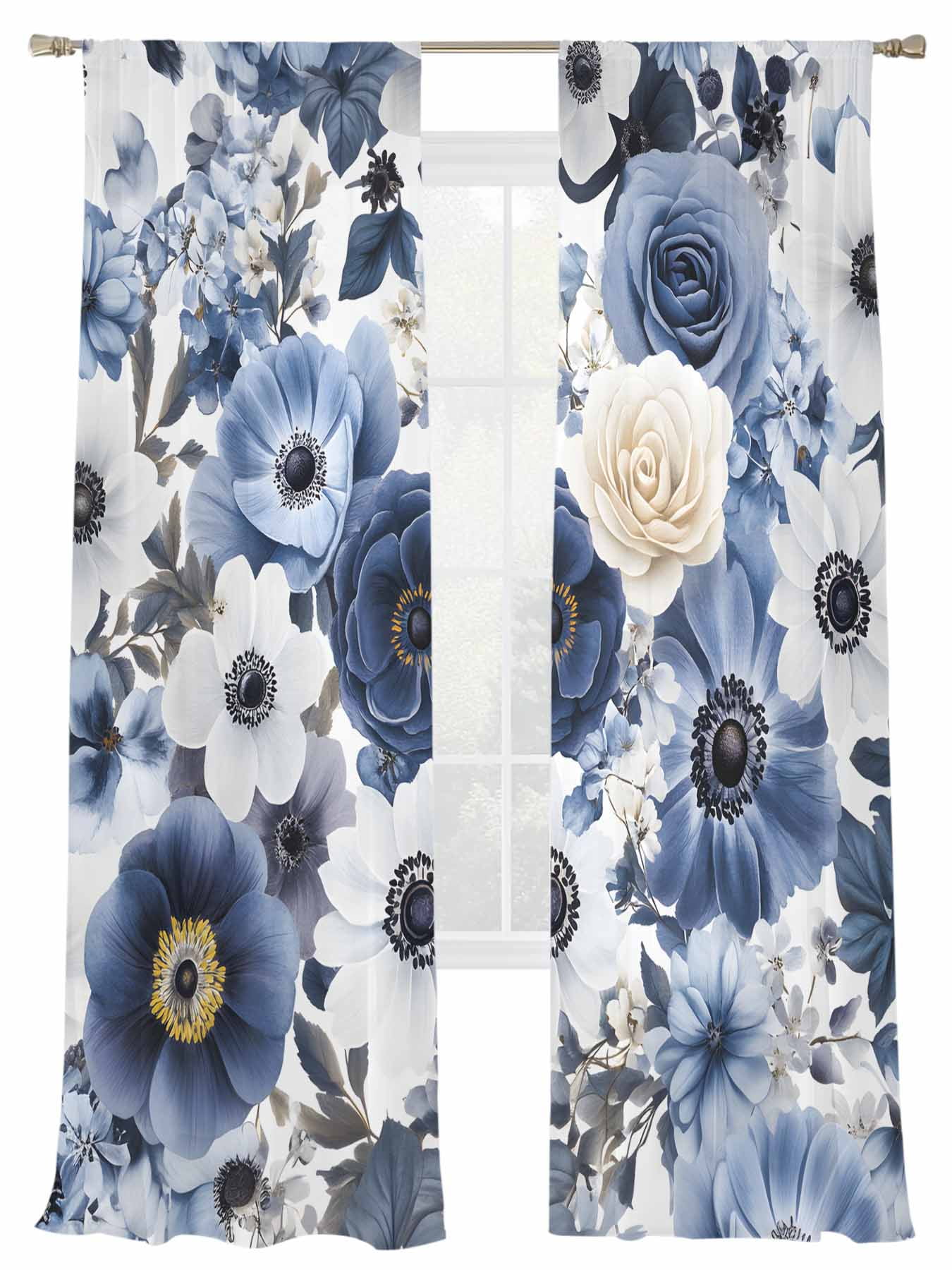 White Blue Spring Floral Sheer Curtains 2 Panels Set Retro White Dark