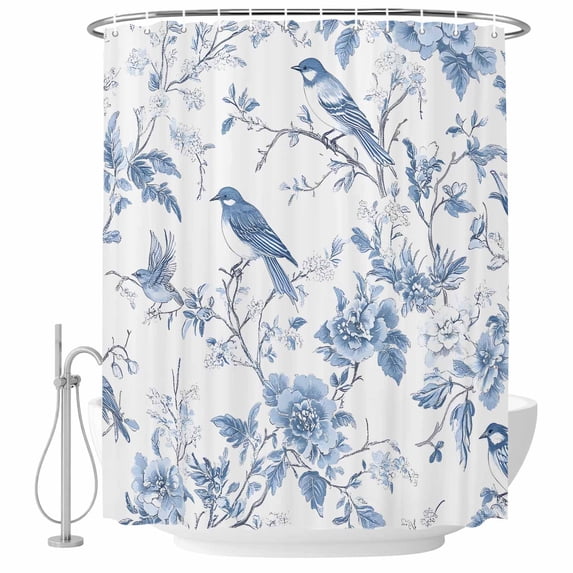 White Blue Spring Floral Shower Curtain Set - 72" x 78" Washable Bathtub Curtain with 12 Hooks, Summer Birds Botanical Waterproof Fabric Stall Shower Curtains for Bathroom/Bathtub Décor