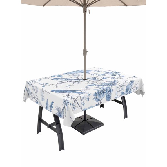 White Blue Spring Floral Table Cloth Rectangle Outdoor Tablecloth, Summer Birds Botanical Waterproof Wrinkleproof Table Cover with Umbrella Hole and Zipper for Party/Dining/Patio/Wedding 60x102 Inch