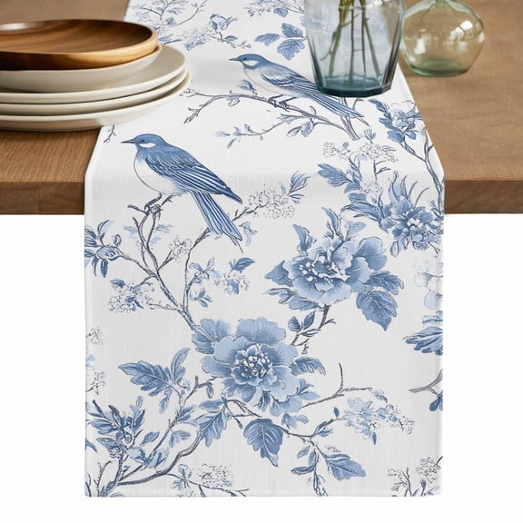 White Blue Spring Floral Table Runner, Summer Birds Botanical Washable Cotton Linen Table Runners 36 Inches Long, Dresser Scarf Runner for Nightstand/End Tables/Round Tables 13''x36''