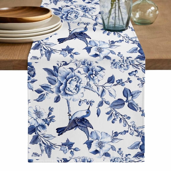 White Blue Spring Floral Table Runner, Summer Botanical Hummingbird Washable Cotton Linen Table Runners 36 Inches Long, Dresser Scarf Runner for Nightstand/End Tables/Round Tables 13''x36''