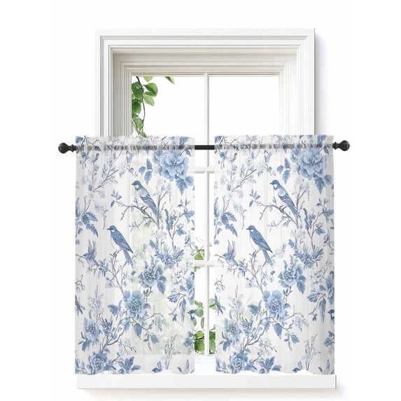White Blue Spring Floral Tier Curtains 45 Inch Length,Sheer Curtains for Bedroom Living Room Window Summer Birds Botanical Rod Pocket Drapes Kitchen Curtains Small Half Window 27.5"x45" 2 Panels