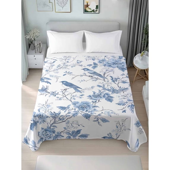 White Blue Spring Floral Twim Size Flat Sheet, Wrinkleproof & Fadeproof Cooling Flat Bed Sheet Only, Summer Birds Botanical Breathable Soft Bedding Top Sheets 66 x 96 Inches