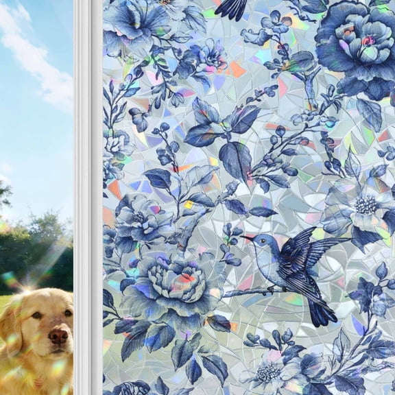 White Blue Spring Floral Window Privacy Film Stain Glass,Reusable Decorative Rainbow Window Film,Summer Botanical Hummingbird Static Cling Sun Blocking Stickers Decals Covers 17.7" x 39.3" (2pcs)