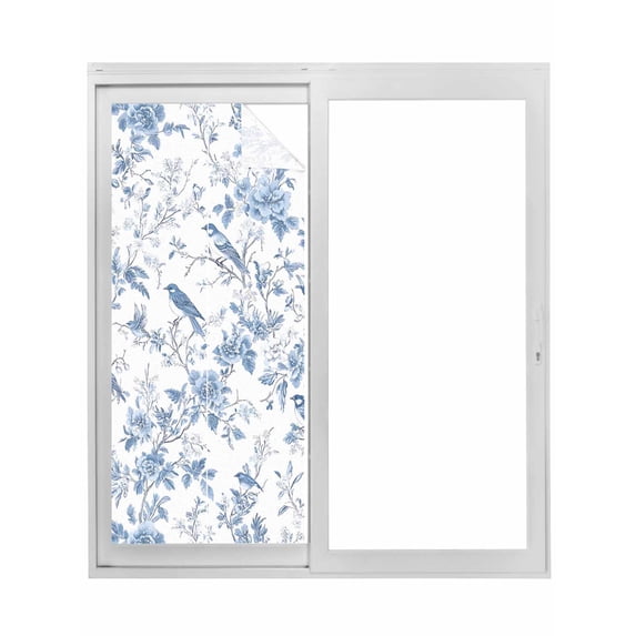 White Blue Spring Floral Window Privacy Film, Summer Birds Botanical Static Cling UV Sun Blocking Tint Film Heat Control Windows Films for Bedroom Bathroom, Window Stickers 23.6"x59"