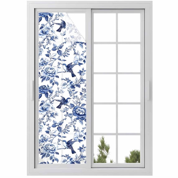 White Blue Spring Floral Window Privacy Film, Summer Botanical Hummingbird Static Cling UV Sun Blocking Heat Control Window Tint, Non-Adhesive One Way Windows Privacy Cover 17.7''x78.7''