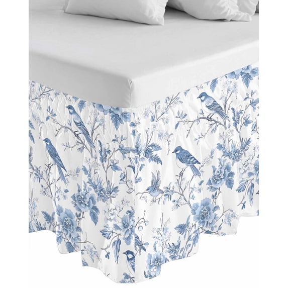 White Blue Spring Floral Wrap Around Bed Skirts for California King Bed 18" Drop,Bed Skirt with Adjustable Elastic Belt Dust Ruffle Bed Valance for Bedroom Summer Birds Botanical Bed Frame Cover
