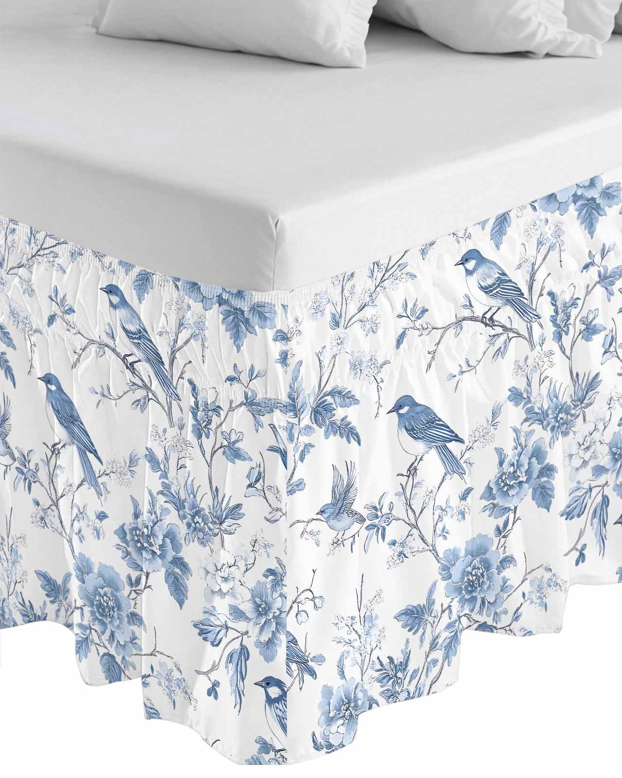 White Blue Spring Floral Wrap Around Bed Skirts for Queen Bed 16" Drop, Bed Skirt with Adjustable Elastic Belt Dust Ruffle Bed Valance for Bedroom Hotel Luxury Summer Birds Botanical Bed Frame Cover