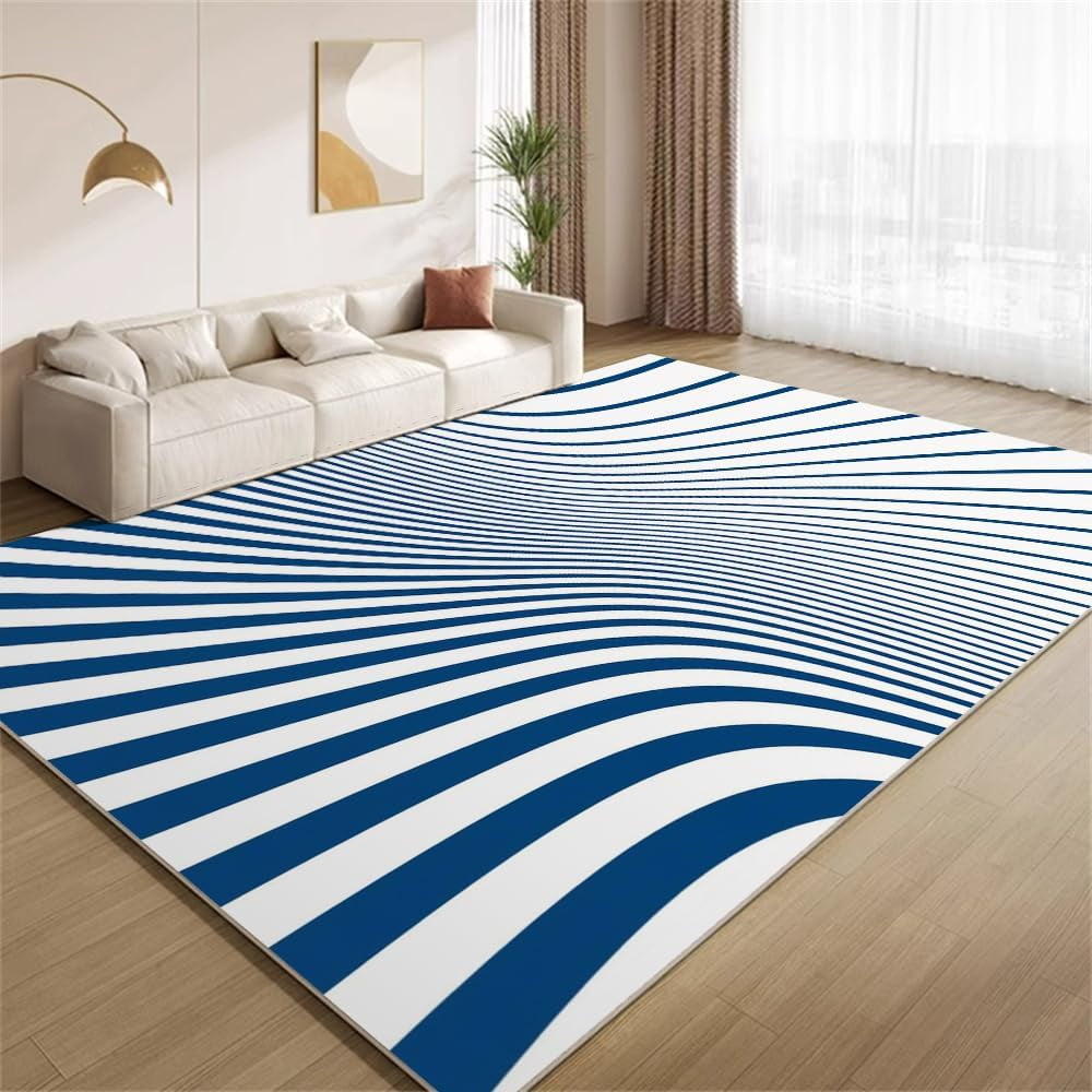 White Blue Striped Area Rug Optical Illusion Rugs Geometric Carpet Non