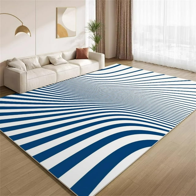 White Blue Striped Area Rug Optical Illusion Rugs Geometric Carpet Non