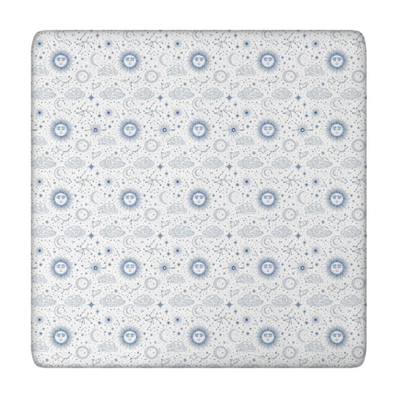 White Blue Sun Moon Cloud Star Pattern Square Fitted Tablecloth with Elastic Edge,Square Table Cover,Washable Elastic Table Cover for Home Kitchen Party Decor 34"x34"