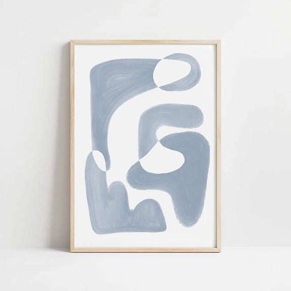 White Blue Wall Art Print, Abstract Geometric Gray, Mid Century Line Art Modern Minimalist, Living Room And Gallery Wall Decor