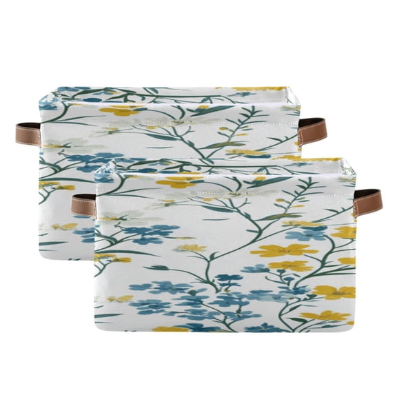 White Blue Yellow Florals Green Leaves Square Storage Bins with Handles Collapsible Containing Box 2 Packs