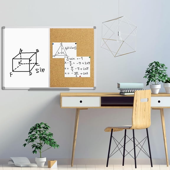 White Board & Bulletin Corkboard Combination, Combo Board 36 x 24 Magnetic Whiteboard, Silver Aluminum Frame Wall Mounted Board for Office Home and School with 10 Push Pins