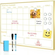 White Board Calendar Magnetic Monthly Calendar Whiteboard 24"x18" Dry Erase Calendar for Wall Office Home, Includes Marker and Magnets, Gold Frame