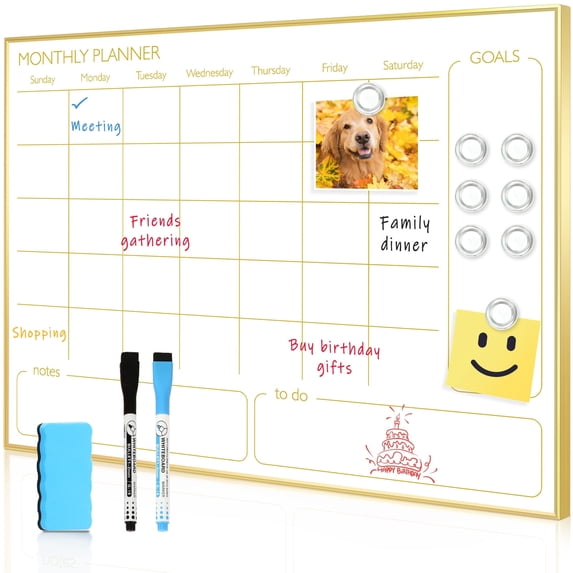 White Board Calendar Magnetic Monthly Calendar Whiteboard 24"x18" Dry Erase Calendar for Wall Office Home, Includes Marker and Magnets, Gold Frame