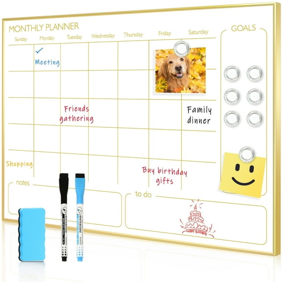White Board Calendar Magnetic Monthly Calendar Whiteboard 24"x18" Dry Erase Calendar for Wall Office Home, Includes Marker and Magnets, Gold Frame