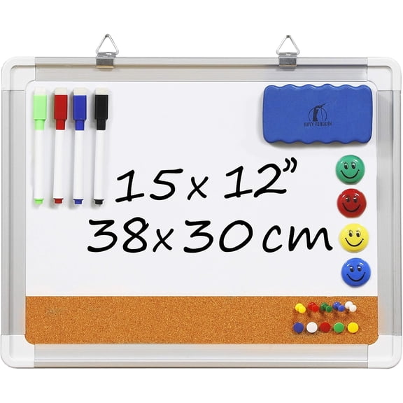White Board Cork Combo - 15x12 in Dry Erase with and 1 Magnetic Eraser, 4 Wipe Markers, Magnets 10 Pins Wall Hanging Whiteboard Corkboard for Home Office (15x12)