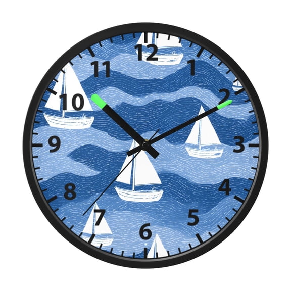 White Boat Sea Pattern Wall Clock 12 Inch Voice Activated Night Light Silent Non Ticking
