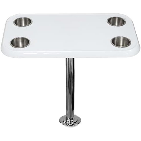 White Boat Table Top Set w/ Secure Mounting Hardware  Pontoon Boat Table Set w/ Heavy-Duty Flat Mount Head, Durable 304 Stainless Steel Stand Post & Cup Holders - Compact, Easy to Install & Remove