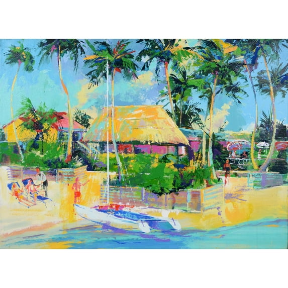 White Boat Tropical Scene Red Boat Original Artwork