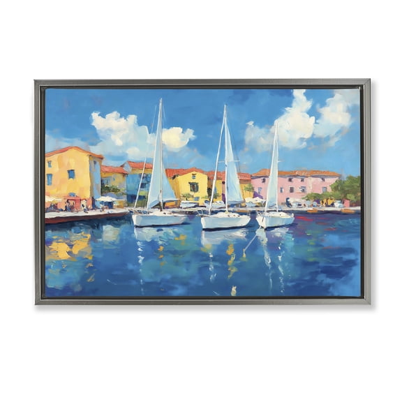 Stupell Industries White Boats in Colorful Port Gray Framed Floater Canvas Wall Art, design by Franklyn Gregory