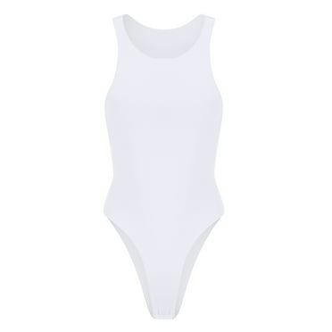 White Bodysuit M Size, Women's Sleeveless Crew Neck Tank Tops with Snap Closure
