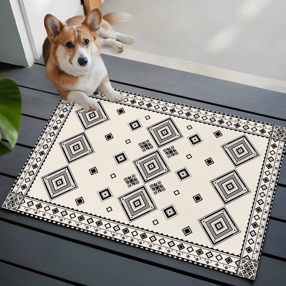 White Bohemian Front Door Rugs 2x3 ft Vintage Ethnic Tribe Abstract Retro Geometric Small Rug for Entryway Non Slip Washable Bathroom Door Mat Absorbent Floor Mat for Indoor Entrance