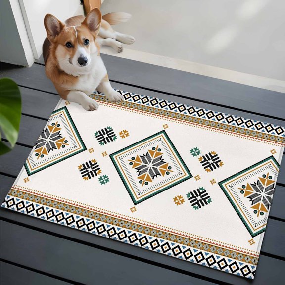 White Bohemian Texture Front Door Rugs 2x3 ft National Ethnic Tribe Abstract Geometric Small Rug for Entryway Non Slip Washable Bathroom Door Mat Absorbent Floor Mat for Indoor Entrance