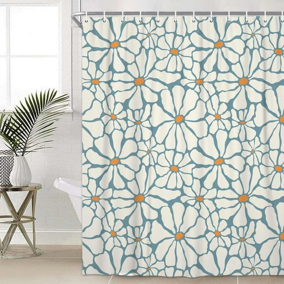 White Boho Abstract Floral Shower Curtain, Cute Vintage Retro Botanical Daisy Girl Kids Bathroom Decor Shower Curtain, Modern Geometric Aesthetic Flower Fabric Shower Curtain Set with Hooks, 72X72in