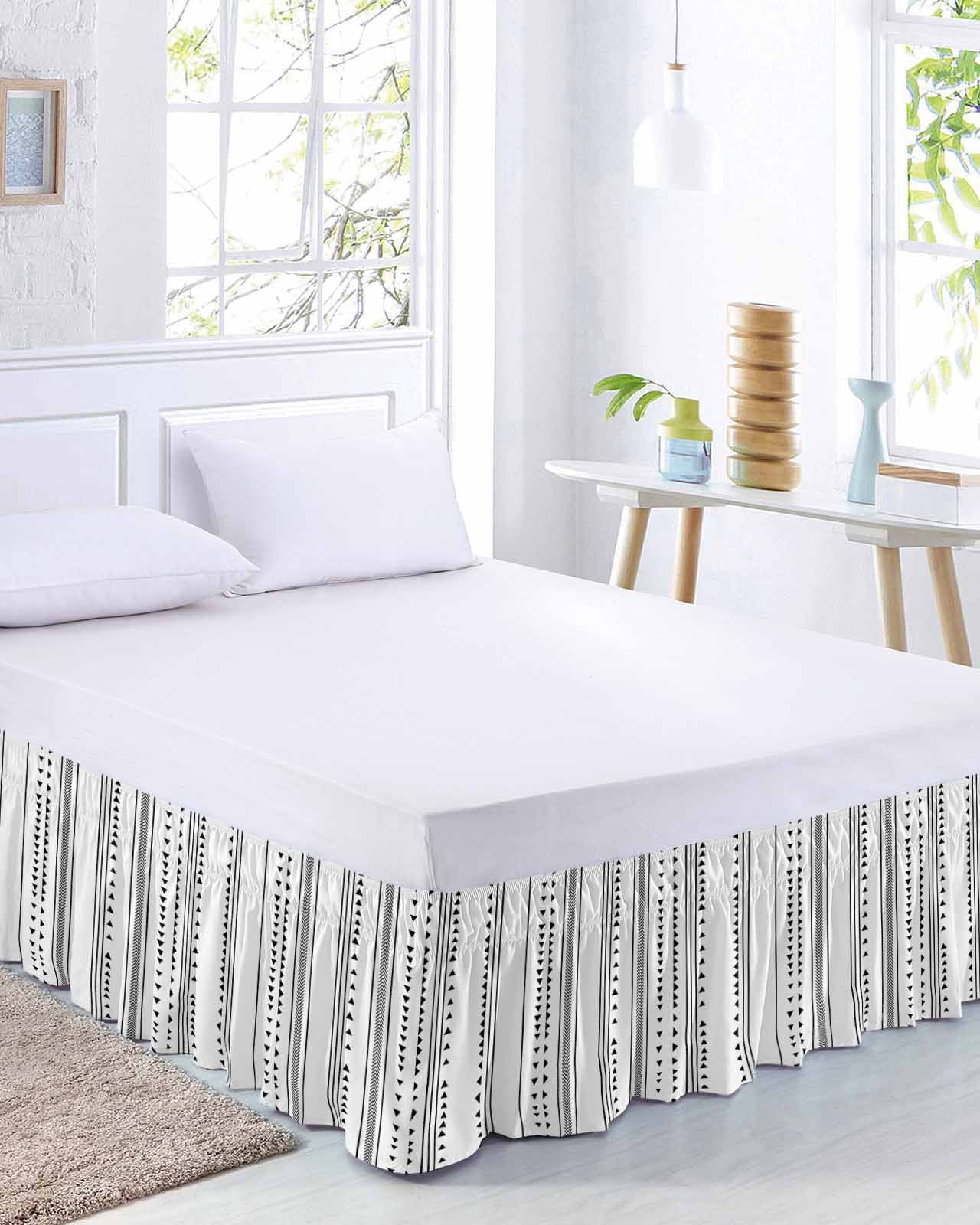 White Boho Bed Skirt Queen Size 16 Inch Drop, Geometric Adjustable Elastic Dust Ruffles Bedskirt for Queen Bed Wrap Around Pleated Mattress Frame Cover