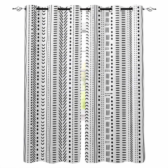 White Boho Blackout Curtains 45 Inches Long for Bedroom, Country Abstract Black Geometric Striped Thermal Insulated Room Darkening Black Out Window Curtain Panels Grommet Drapes for Living Room