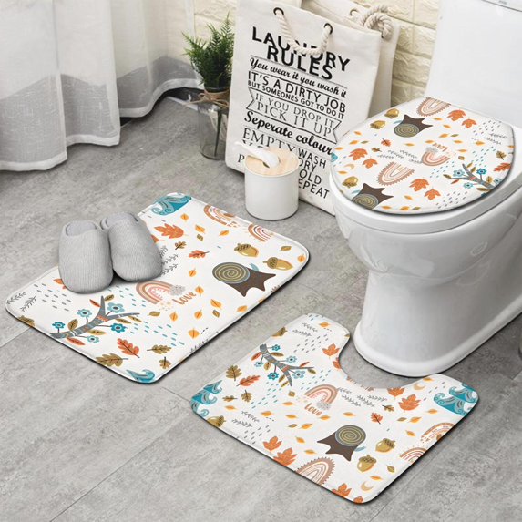 White Boho Bohemia Rainbow Autumn Leaves Trees Pattern Bathroom Rugs Sets 3 Piece,Toilet Cover Set,Absorbent Non Slip Bathroom Mats Sets with U-Shaped Contour Rug Toilet Rug Set