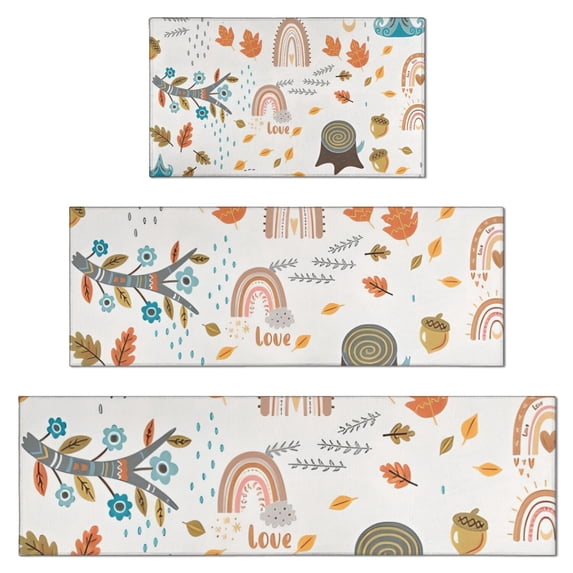 White Boho Bohemia Rainbow Autumn Leaves Trees Pattern Kitchen Rugs Sets Of 3,Kitchen Runner Rugs Non Skid Washable,Decorative Kitchen Floor Mats for Kitchen,Sink,Laundry,17"x30"+ 17"x47" + 17"x59"