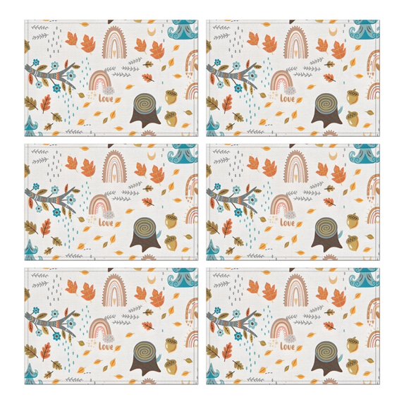 White Boho Bohemia Rainbow Autumn Leaves Trees Pattern Summer Placemats Table Placemats Set Of 6-Linen Kitchen Washable Placemats Table Mats 11.8"x17.7" Non-Slip Heat Resistant