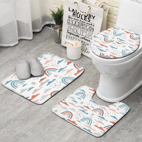 White Boho Bohemia Rainbow Clouds Sun Pattern Bathroom Rugs Sets 3 Piece,Toilet Cover Set,Absorbent Non Slip Bathroom Mats Sets with U-Shaped Contour Rug Toilet Rug Set