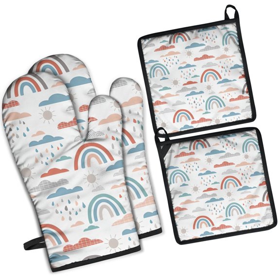 White Boho Bohemia Rainbow Clouds Sun Pattern Kitchen Oven Mitt and Pot Holder Sets 4 Pcs for Baking, Cooking and Grilling, Heat Resistant Up To 392 °F