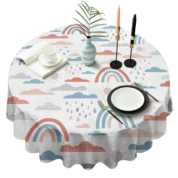 White Boho Bohemia Rainbow Clouds Sun Pattern Round Tablecloth 60"x60",Wrinkle Wipeable Table Cloth for Kitchen Dining Room Picnic Patio Party