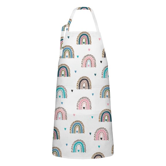 White Boho Bohemia Rainbow Leopard Hearts Apron-Garden Aprons for Women with Pockets-Cotton Linen Waterproof Kitchen Cooking Gardening Aprons Adjustable for Kitchen,Cooking,BBQ and Salon 33x27 Inch