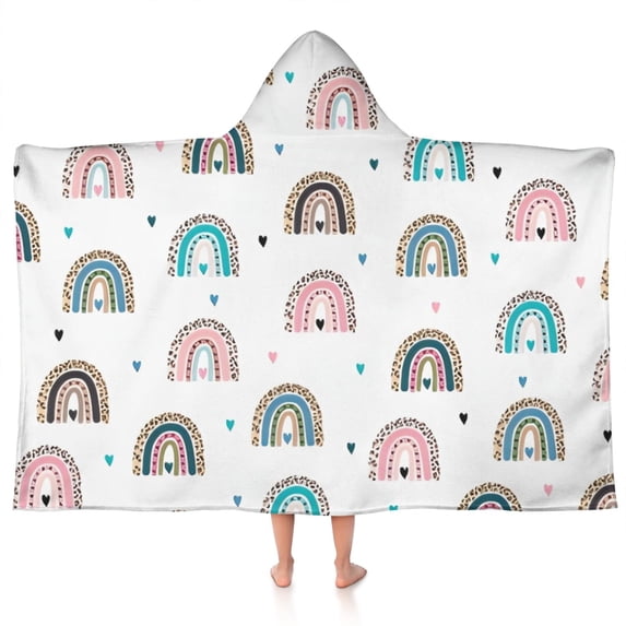 White Boho Bohemia Rainbow Leopard Hearts Pattern Hooded Bath Towel,50"x30" for Ages 3 To 12 Kids, Quick Dry Lightweight Soft Microfiber Hood Beach Towel Cover Up for Kids