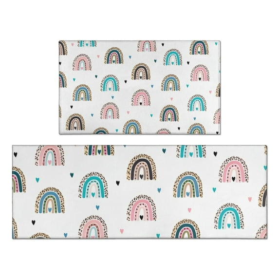 White Boho Bohemia Rainbow Leopard Hearts Pattern Kitchen Rugs Sets Of 2,Anti Fatigue Kitchen Mat Rugs Non Slip Washable,Decorative Kitchen Floor Mats for Kitchen,Sink,Laundry,17"x30"+17"x47"