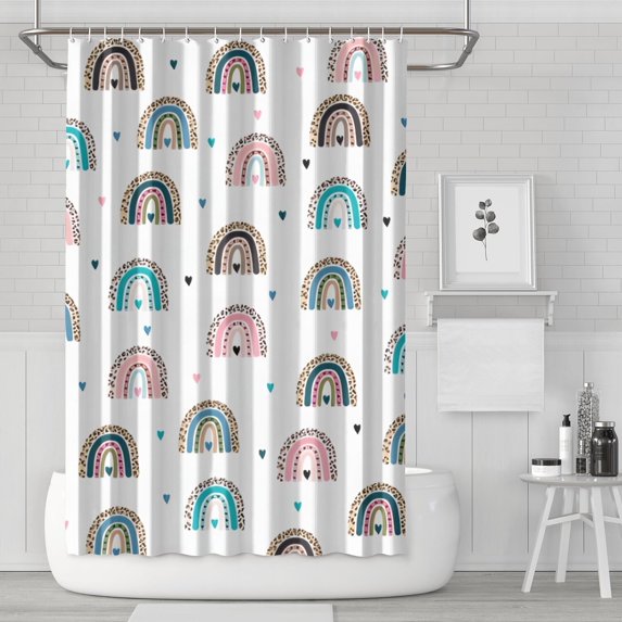White Boho Bohemia Rainbow Leopard Hearts Pattern Shower Curtain 72"x72" ,Bathroom Decorative Shower Curtains Set with 12 Hooks,Modern Waterproof Washable Shower Curtain