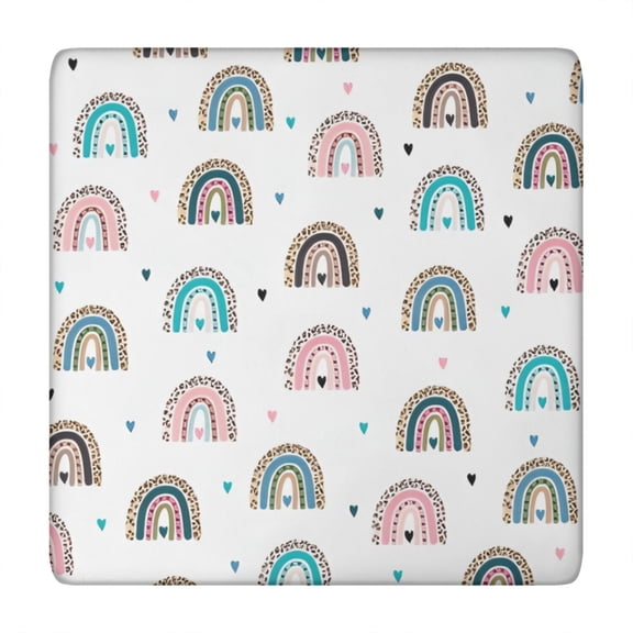 White Boho Bohemia Rainbow Leopard Hearts Pattern Square Fitted Tablecloth with Elastic Edge,Square Table Cover,Washable Elastic Table Cover for Home Kitchen Party Decor 34"x34"