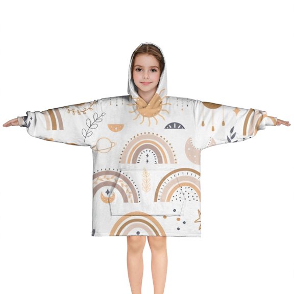 White Boho Bohemia Rainbow Sun Moon Pattern Blanket Hoodies for Kids 6-13YR Oversize Wearable Blanket Hoodies for Boys Girls Teens